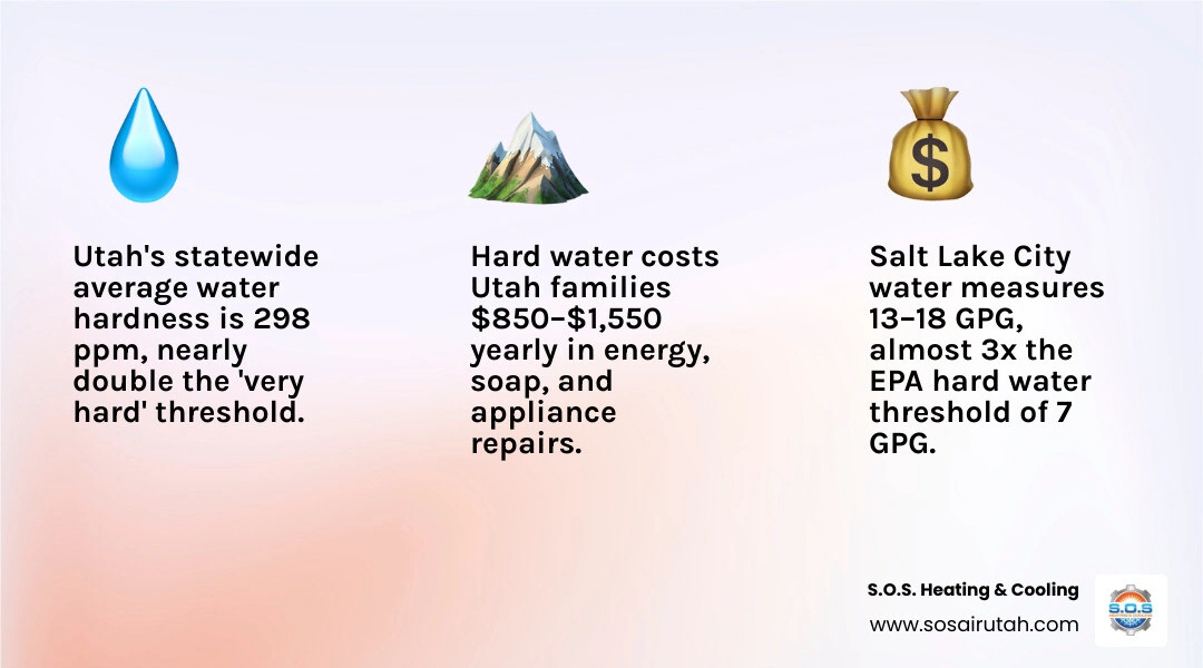 Infographic showing Utah water hardness stats, annual hidden costs, and ROI timeline for water softeners - is a water Infographic showing Utah water hardness stats, annual hidden costs, and ROI timeline for water softeners - is a water