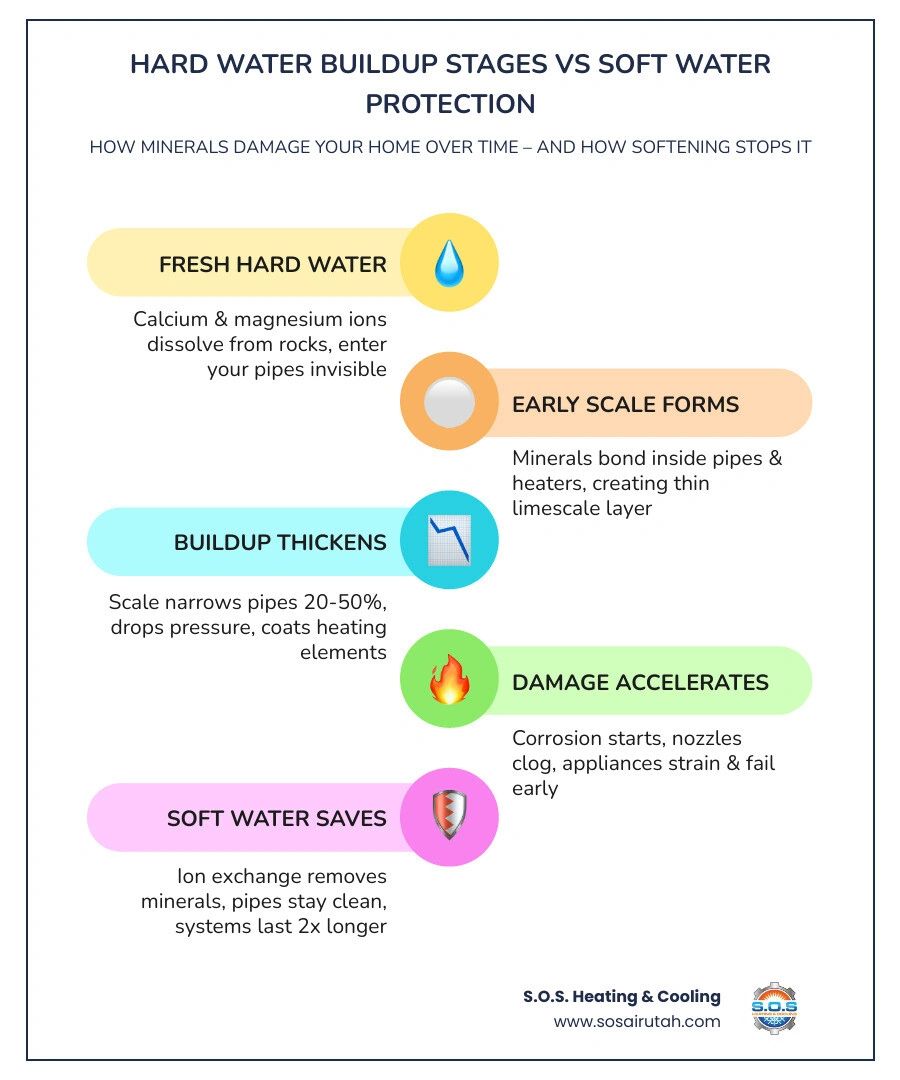 infographic showing hard water mineral buildup stages in pipes, water heaters, and appliances versus soft water protection infographic showing hard water mineral buildup stages in pipes, water heaters, and appliances versus soft water protection
