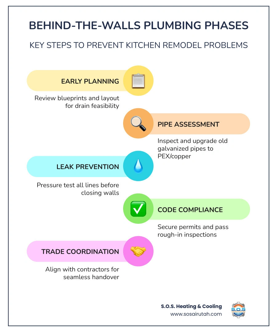infographic showing the behind-the-walls plumbing phases of a kitchen remodel and how each prevents common problems - how a infographic showing the behind-the-walls plumbing phases of a kitchen remodel and how each prevents common problems - how a