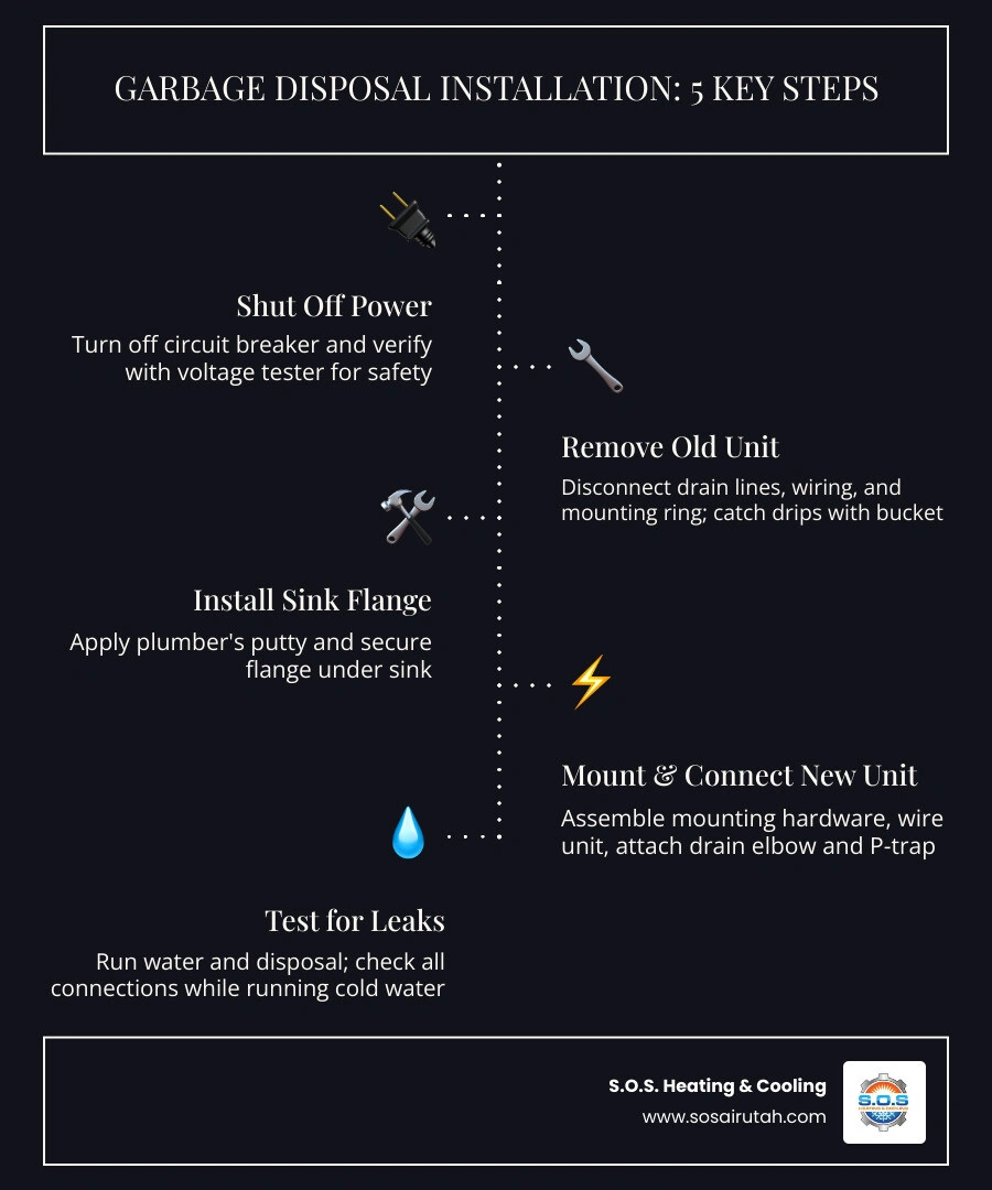 4-step garbage disposal installation overview infographic with tools, mounting, wiring, and leak test infographic 4-step garbage disposal installation overview infographic with tools, mounting, wiring, and leak test infographic