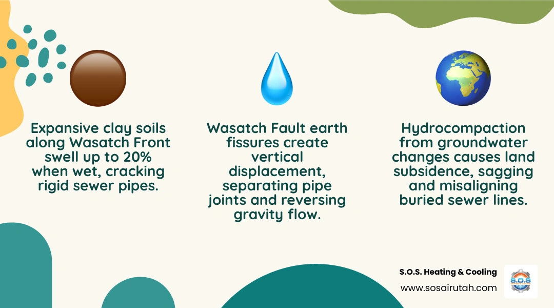 Infographic showing layers of Utah soil, expansive clay, buried sewer pipe, root intrusion, and fault displacement zones Infographic showing layers of Utah soil, expansive clay, buried sewer pipe, root intrusion, and fault displacement zones