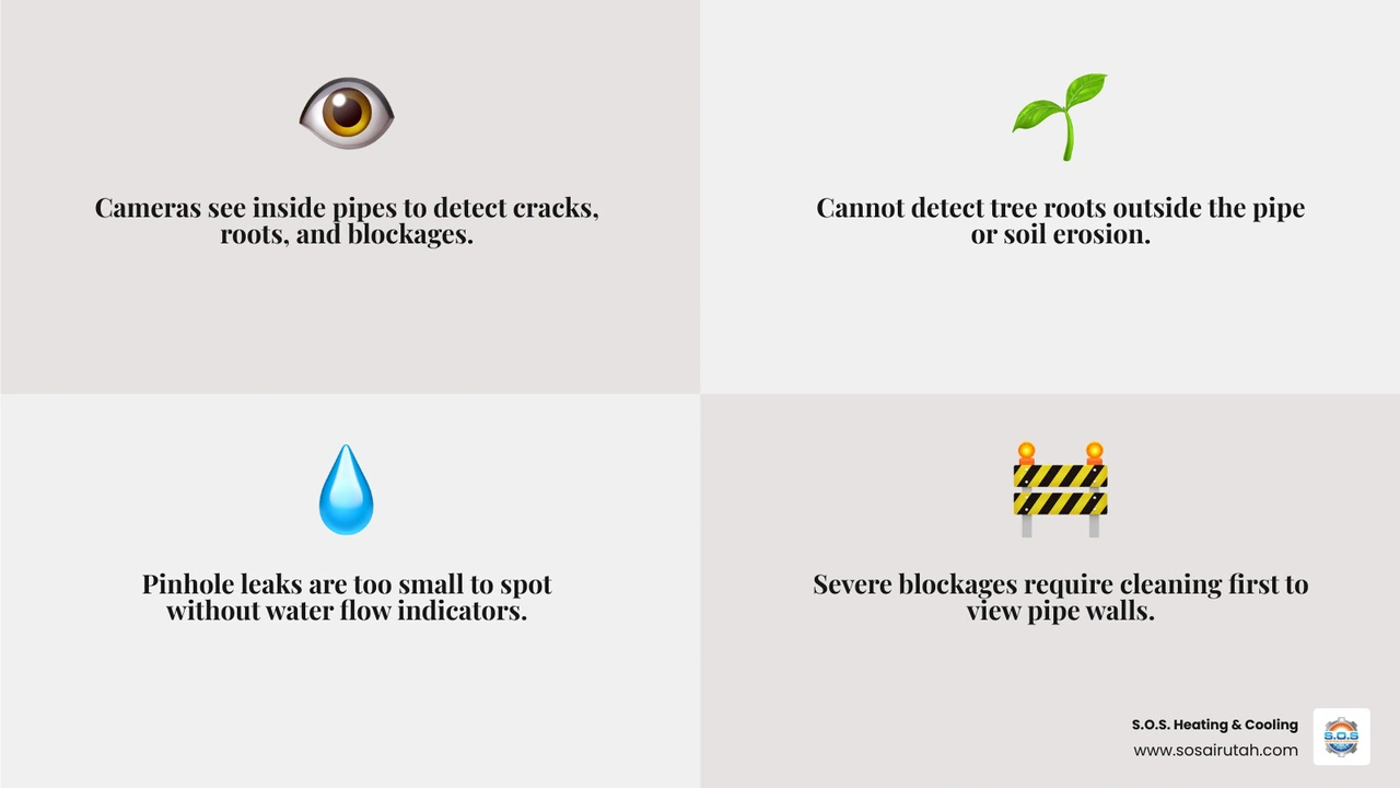 Infographic showing that cameras see inside the pipe but cannot see through solid blockages or external soil conditions Infographic showing that cameras see inside the pipe but cannot see through solid blockages or external soil conditions