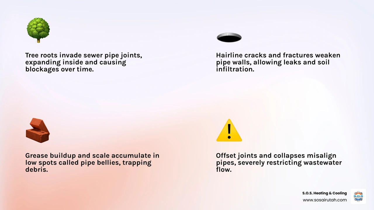 Infographic showing what a sewer line camera inspection reveals including root intrusion, cracks, blockages, and pipe Infographic showing what a sewer line camera inspection reveals including root intrusion, cracks, blockages, and pipe