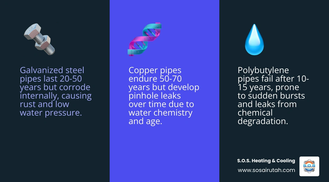Infographic showing average lifespan of common pipe materials: galvanized steel 20-50 years, copper 50-70 years, PEX 50-100 Infographic showing average lifespan of common pipe materials: galvanized steel 20-50 years, copper 50-70 years, PEX 50-100