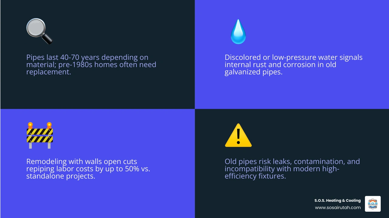 Infographic showing how aging pipes affect bathroom remodel planning including pipe lifespans, warning signs, and remodel Infographic showing how aging pipes affect bathroom remodel planning including pipe lifespans, warning signs, and remodel