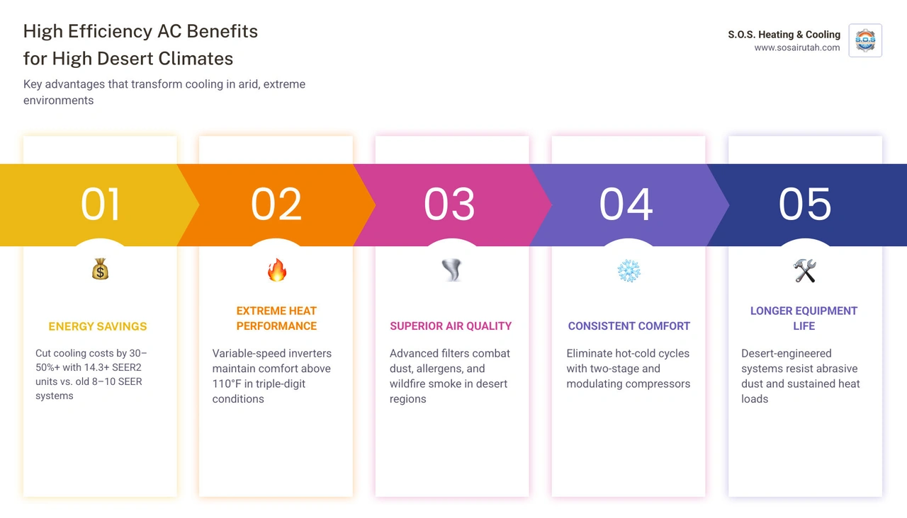 Infographic showing high efficiency AC benefits for high desert climates including energy savings, SEER2 ratings, and Infographic showing high efficiency AC benefits for high desert climates including energy savings, SEER2 ratings, and