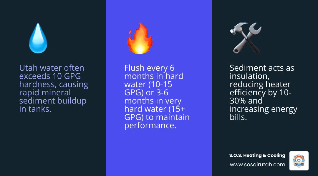 Infographic showing water heater flushing frequency by water hardness level with flush schedule and Utah-specific Infographic showing water heater flushing frequency by water hardness level with flush schedule and Utah-specific