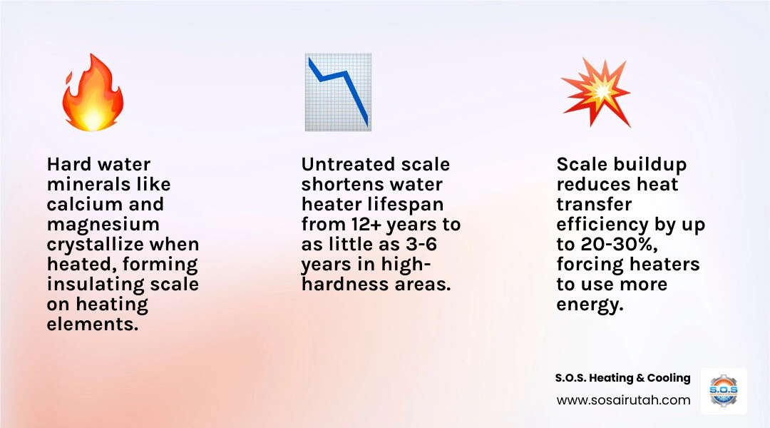 infographic showing how hard water mineral scale reduces heat transfer efficiency in tank and tankless water heaters infographic showing how hard water mineral scale reduces heat transfer efficiency in tank and tankless water heaters