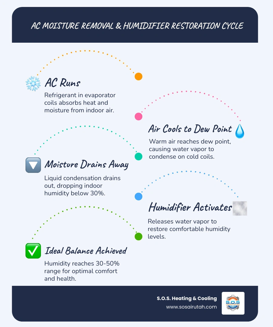 Infographic showing the cycle of AC moisture removal and humidifier moisture restoration with ideal humidity range 30-50% Infographic showing the cycle of AC moisture removal and humidifier moisture restoration with ideal humidity range 30-50%