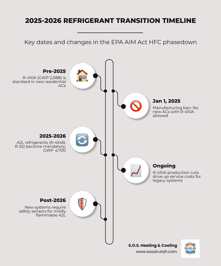 Infographic showing the 2025-2026 refrigerant transition timeline, key dates, and refrigerant GWP comparison - how the