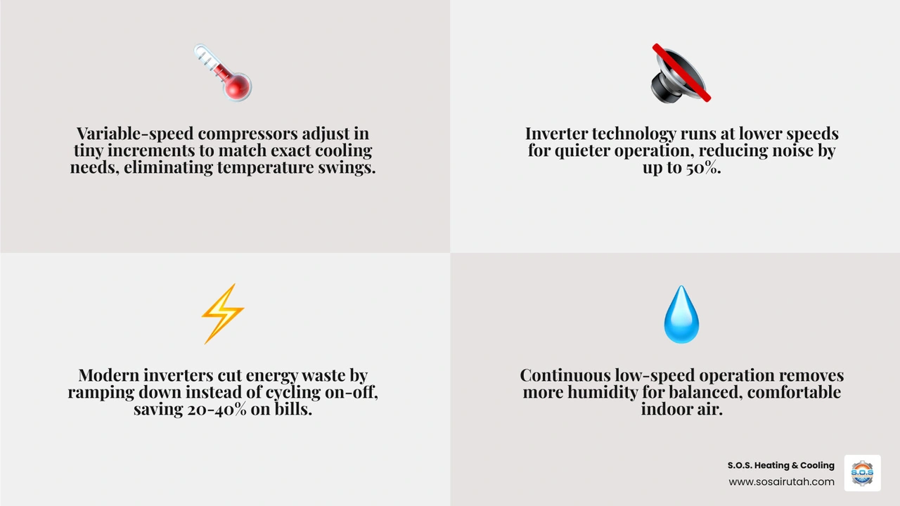 infographic showing advanced AC technology benefits including variable speed, smart thermostats, zoned cooling, air infographic showing advanced AC technology benefits including variable speed, smart thermostats, zoned cooling, air