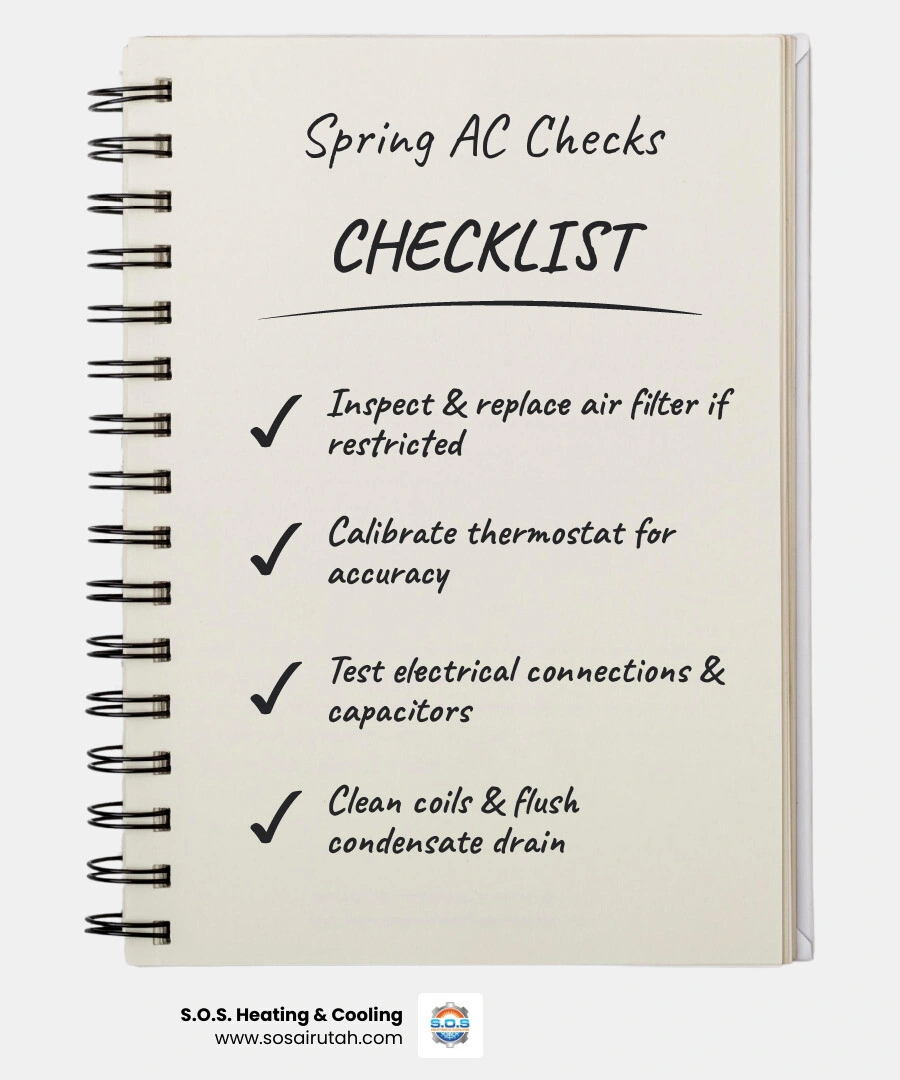 Infographic showing 9 key checks during a spring AC tune-up and the 15% efficiency boost from a clean system - what your