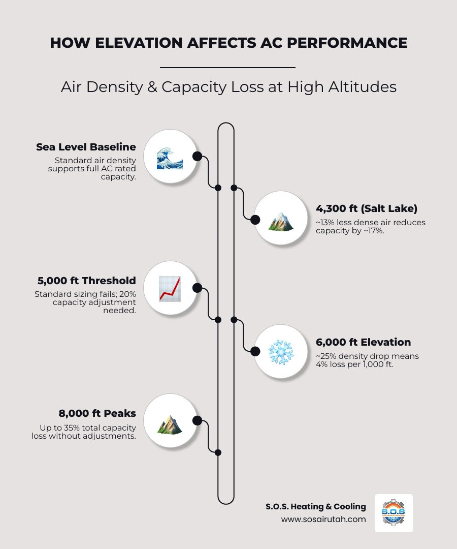 Infographic showing how air density and AC capacity decrease as elevation rises from sea level to 8,000 feet - how ac load