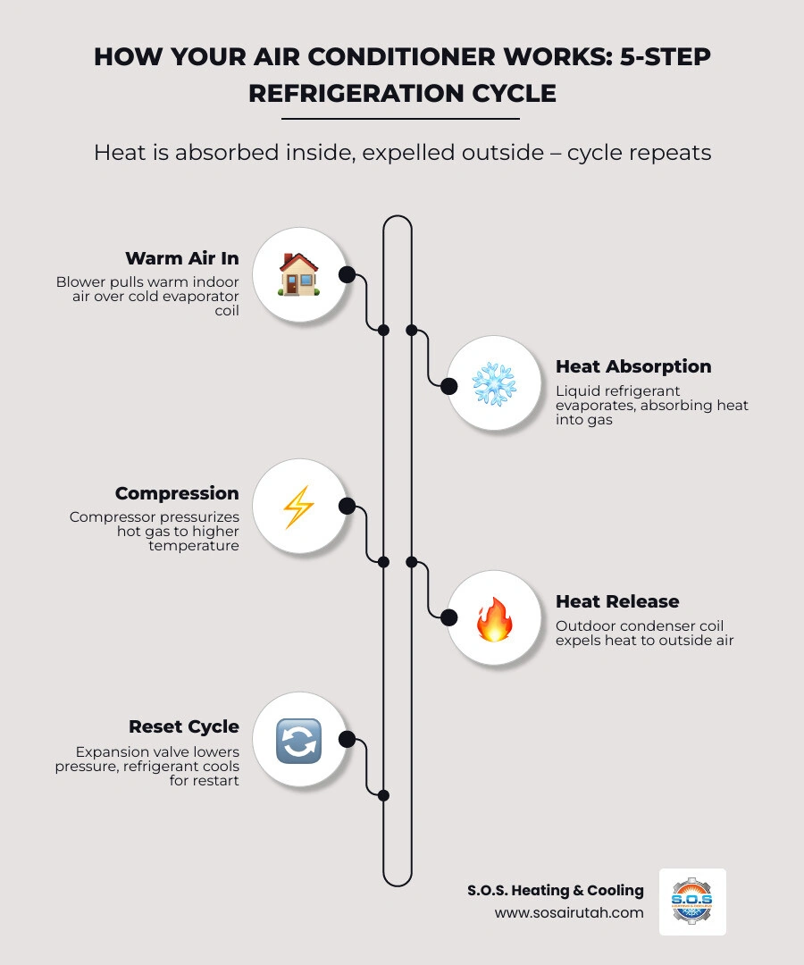 Infographic showing the 5-step refrigeration cycle of a home air conditioner with heat transfer flow infographic