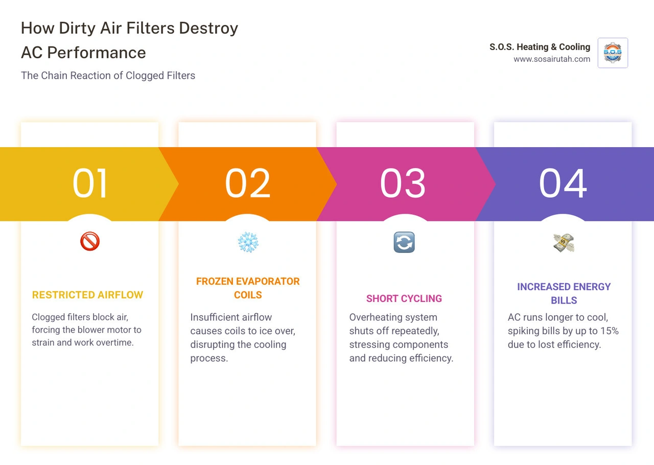 Infographic showing how a dirty air filter restricts airflow, strains the blower motor, freezes coils, and raises energy Infographic showing how a dirty air filter restricts airflow, strains the blower motor, freezes coils, and raises energy