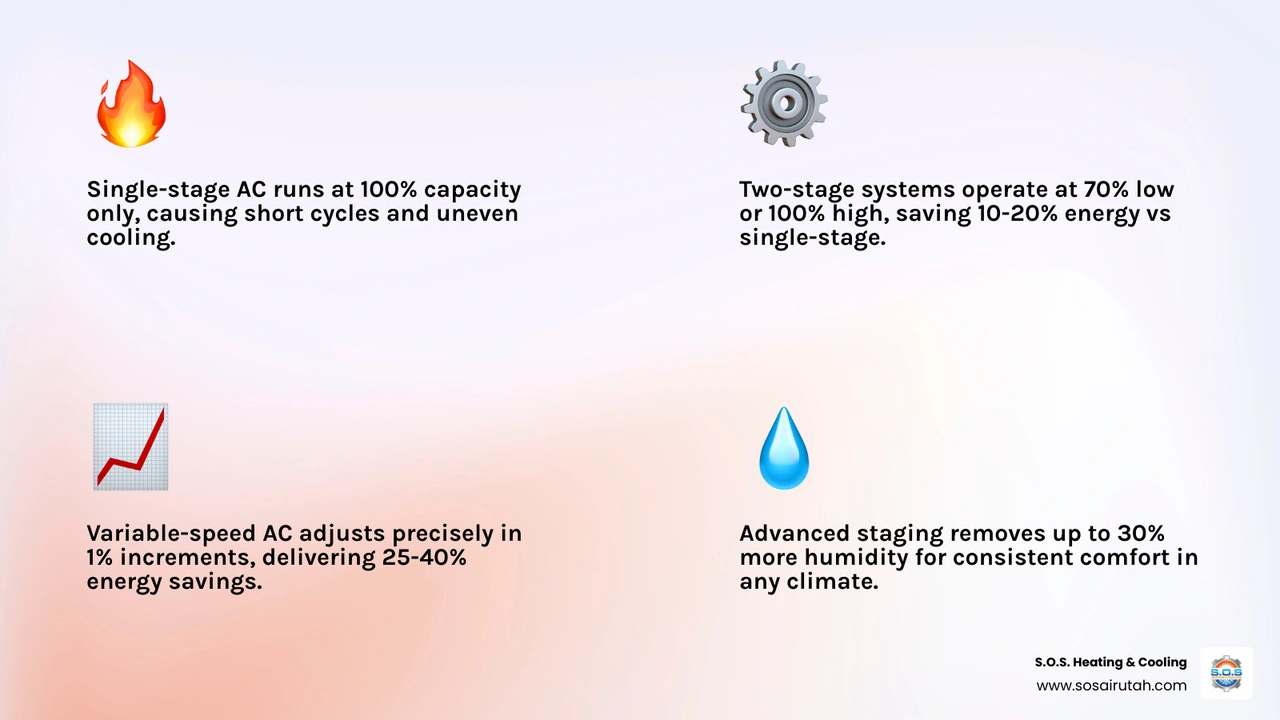 Infographic comparing single-stage, two-stage, and variable-speed AC systems: efficiency, comfort, humidity control Infographic comparing single-stage, two-stage, and variable-speed AC systems: efficiency, comfort, humidity control