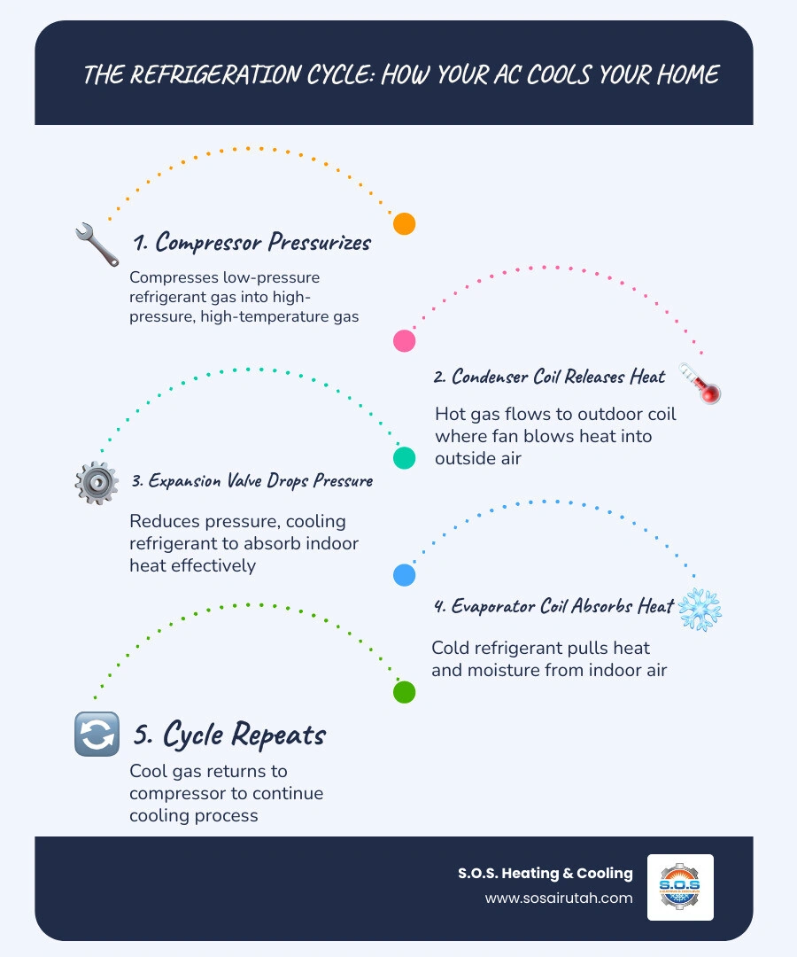 Infographic showing the four main AC components, their locations, and roles in the refrigeration cycle infographic