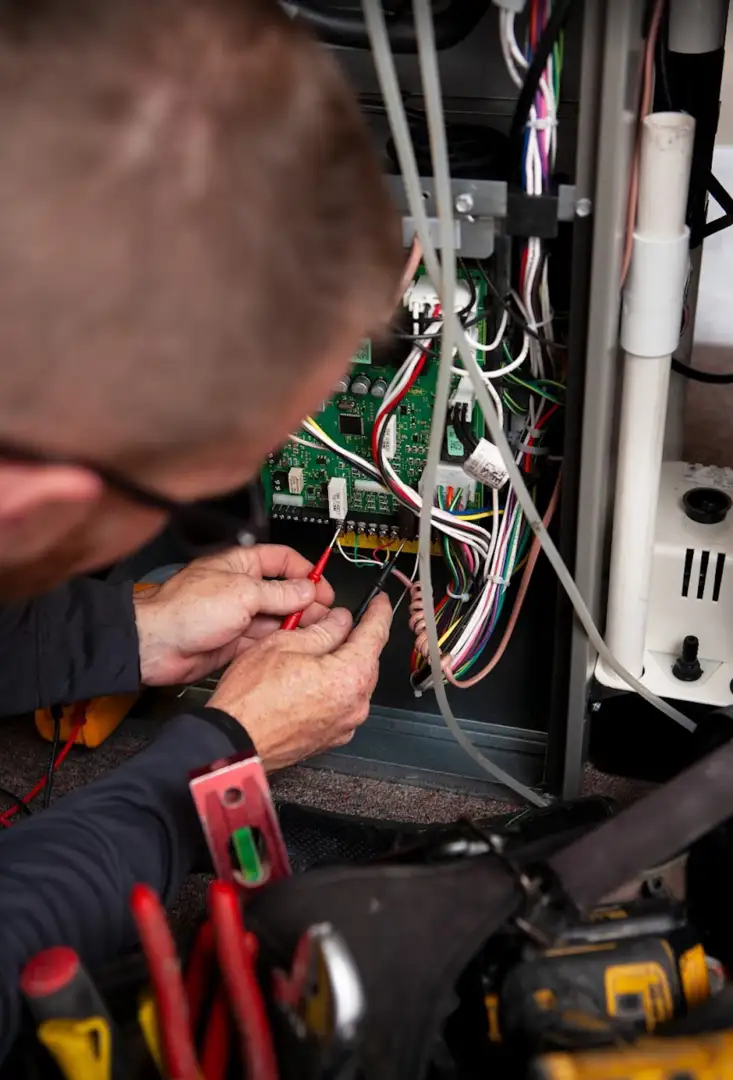HVAC technician using a tablet to perform a Manual J load calculation in a residential living room HVAC technician using a tablet to perform a Manual J load calculation in a residential living room