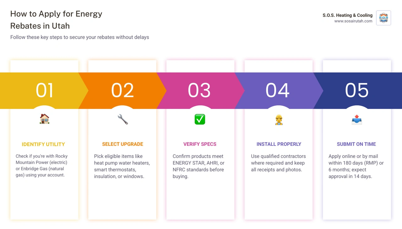 Step-by-step infographic showing the Utah energy rebate application process from program selection to payment infographic