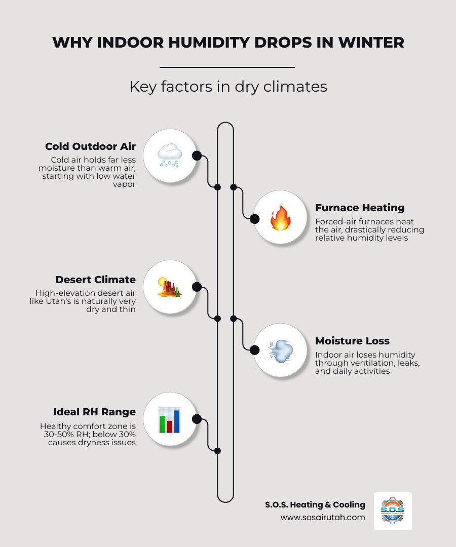 Infographic showing why indoor humidity drops in winter: cold air holds less moisture, furnaces strip humidity, desert