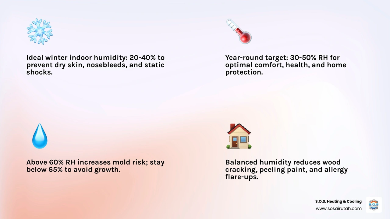 infographic showing ideal indoor humidity ranges by season with signs of too dry vs too humid air infographic