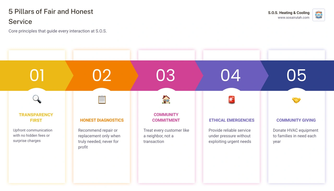 Infographic showing the 5 pillars of fair and honest service at SOS Heating and Cooling Salt Lake City infographic