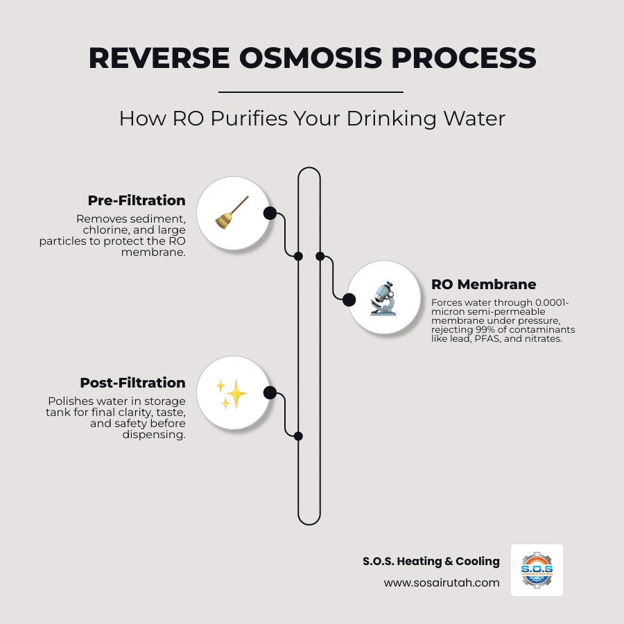 Infographic showing the basic reverse osmosis cycle: tap water intake, sediment pre-filter, carbon pre-filter, RO membrane Infographic showing the basic reverse osmosis cycle: tap water intake, sediment pre-filter, carbon pre-filter, RO membrane