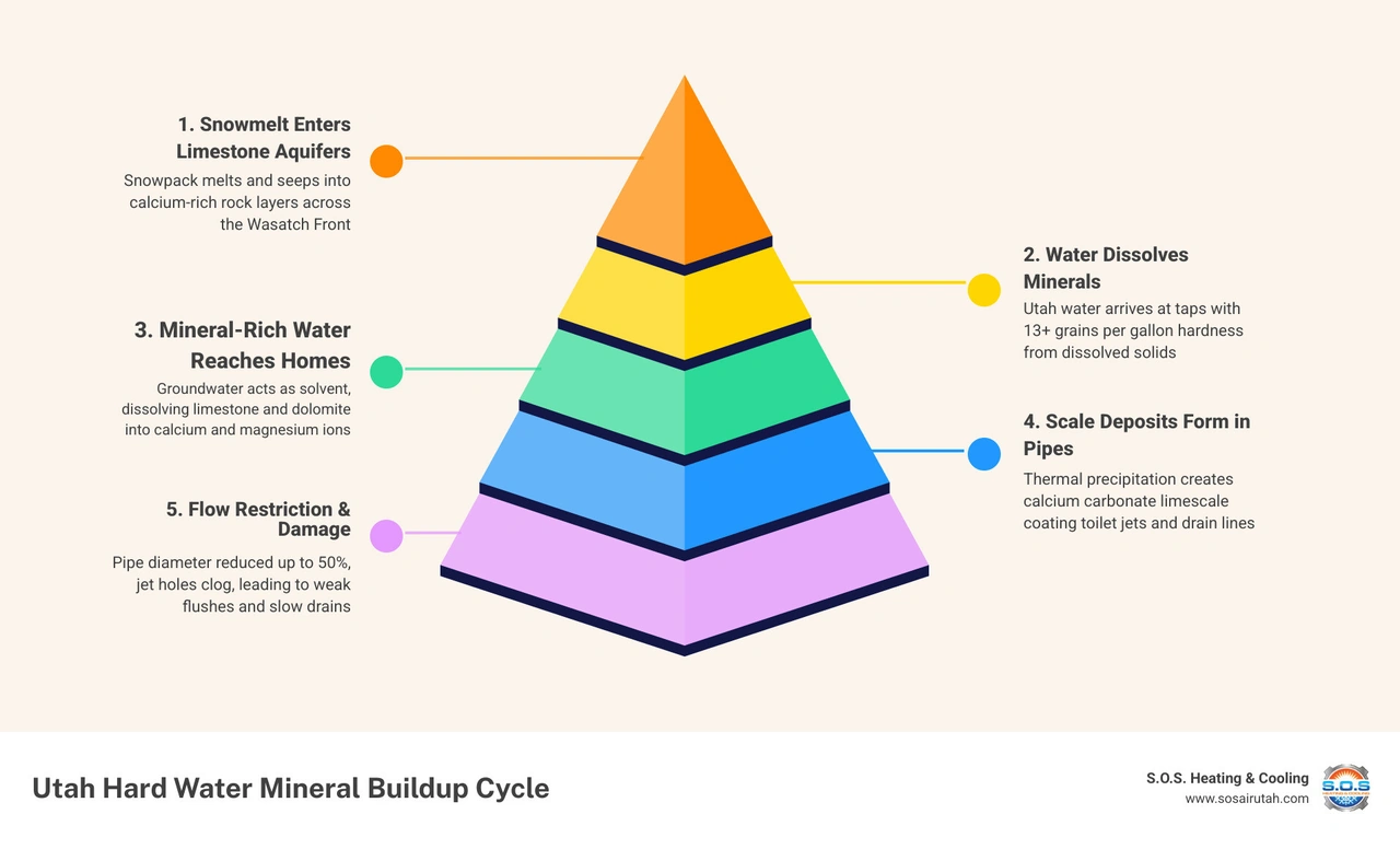 Infographic showing Utah hard water mineral buildup cycle from limestone aquifers through pipes to toilet and drain line Infographic showing Utah hard water mineral buildup cycle from limestone aquifers through pipes to toilet and drain line