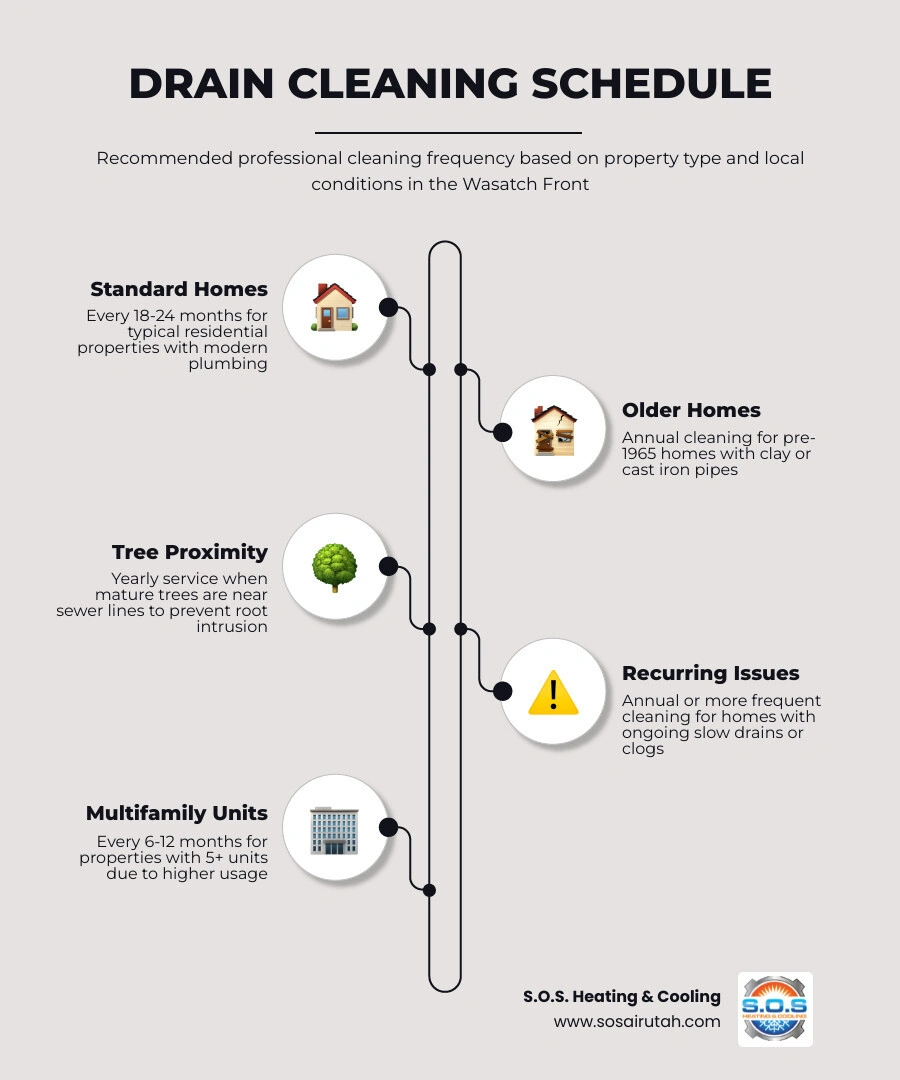 Infographic showing residential drain cleaning frequency guide for Wasatch Front homeowners by property type infographic Infographic showing residential drain cleaning frequency guide for Wasatch Front homeowners by property type infographic