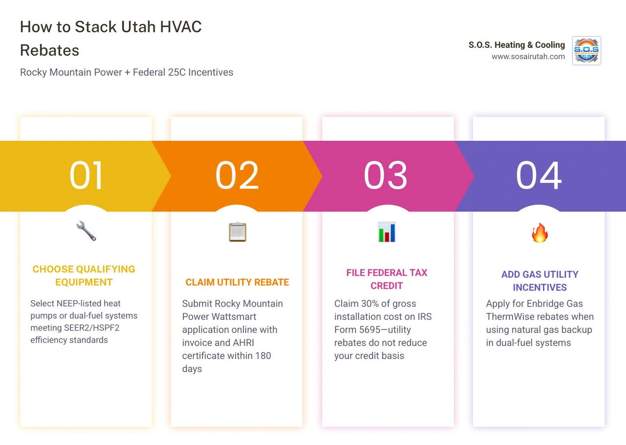 Infographic showing how to stack Rocky Mountain Power Wattsmart, federal 25C, and ThermWise rebates for Utah HVAC upgrades Infographic showing how to stack Rocky Mountain Power Wattsmart, federal 25C, and ThermWise rebates for Utah HVAC upgrades