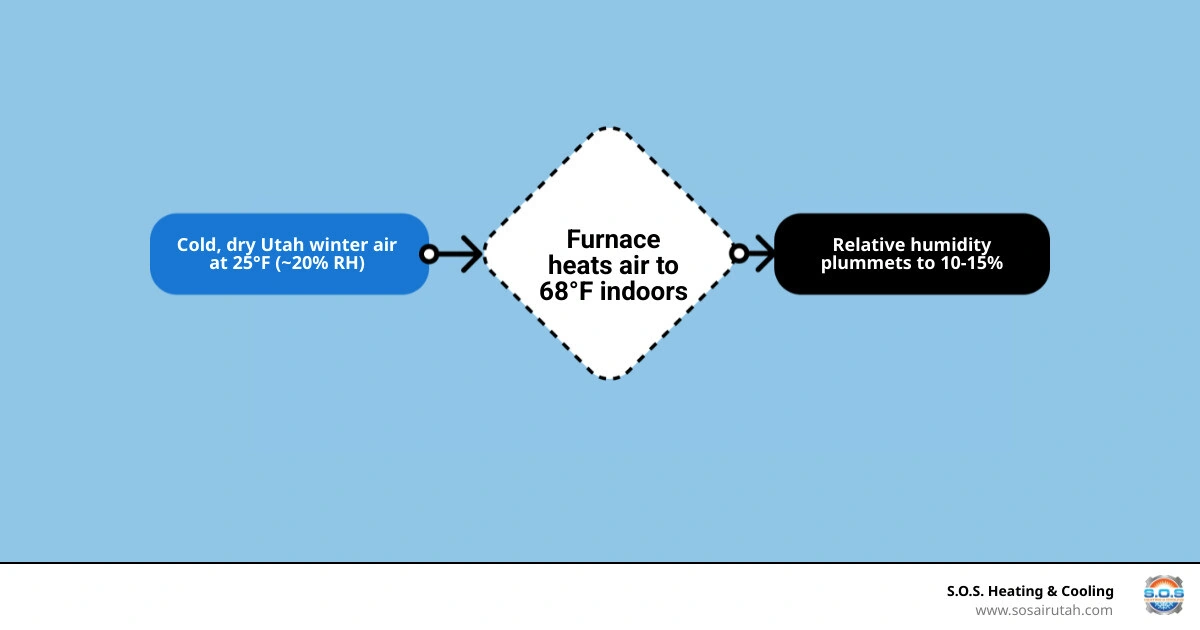 infographic showing how cold Utah winter air loses relative humidity when heated indoors infographic infographic showing how cold Utah winter air loses relative humidity when heated indoors infographic
