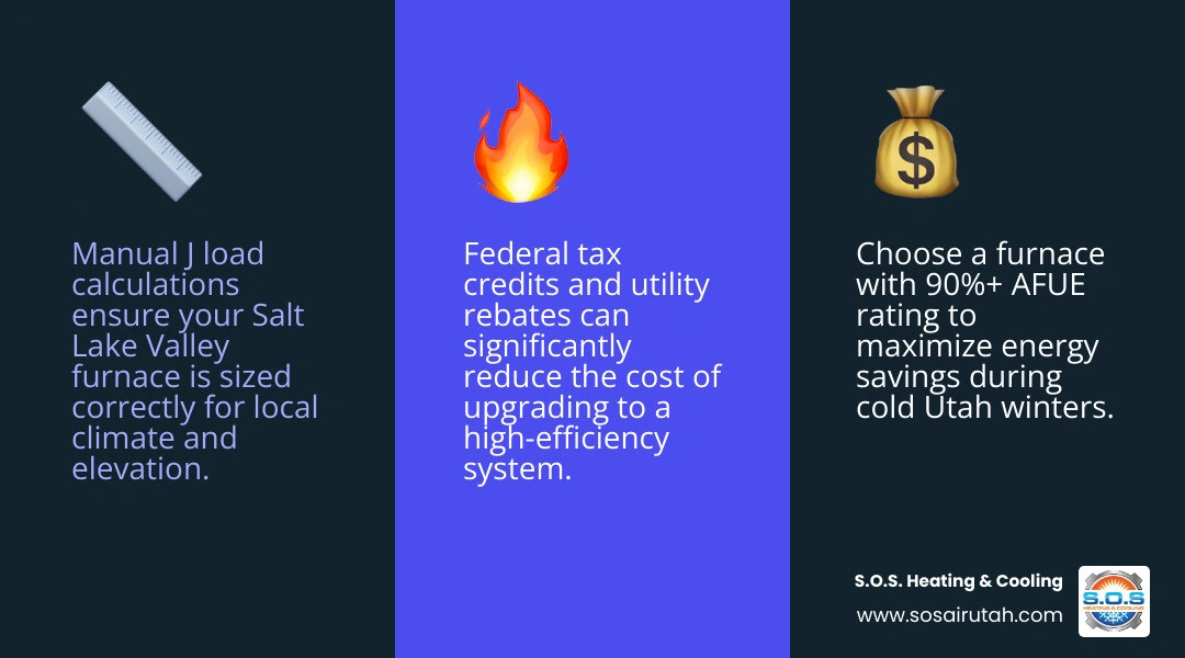 Infographic showing furnace selection factors: fuel type, BTU sizing, AFUE rating, repair vs replace rule, and available Infographic showing furnace selection factors: fuel type, BTU sizing, AFUE rating, repair vs replace rule, and available