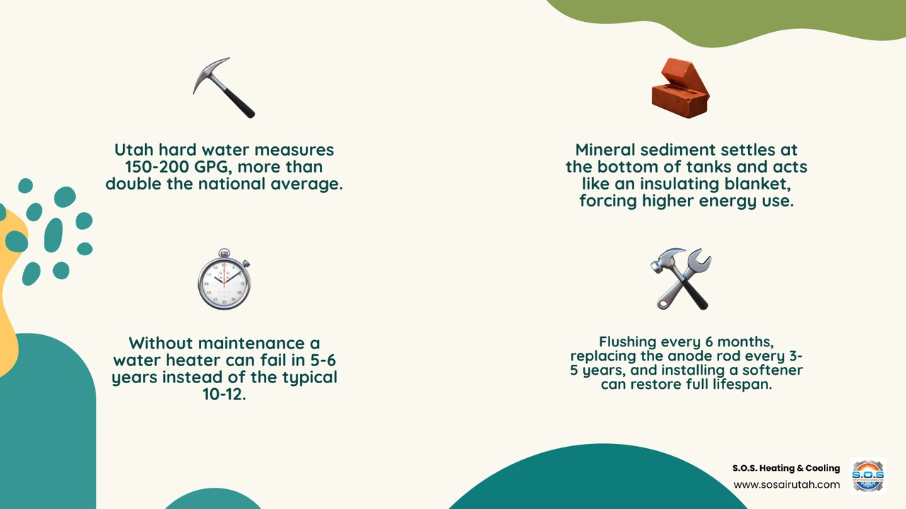 Infographic showing how hard water minerals damage water heaters: sediment buildup timeline, efficiency loss percentages Infographic showing how hard water minerals damage water heaters: sediment buildup timeline, efficiency loss percentages