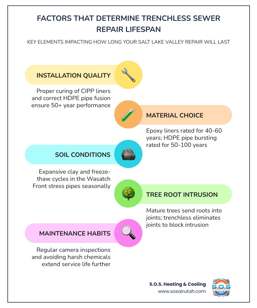 Infographic showing trenchless sewer repair lifespan comparison: CIPP 50+ years, pipe bursting 50-100 years, traditional PVC Infographic showing trenchless sewer repair lifespan comparison: CIPP 50+ years, pipe bursting 50-100 years, traditional PVC