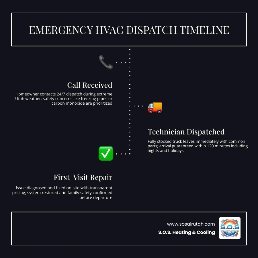 Infographic showing the timeline of an emergency HVAC dispatch in Utah from first call to completed repair infographic Infographic showing the timeline of an emergency HVAC dispatch in Utah from first call to completed repair infographic