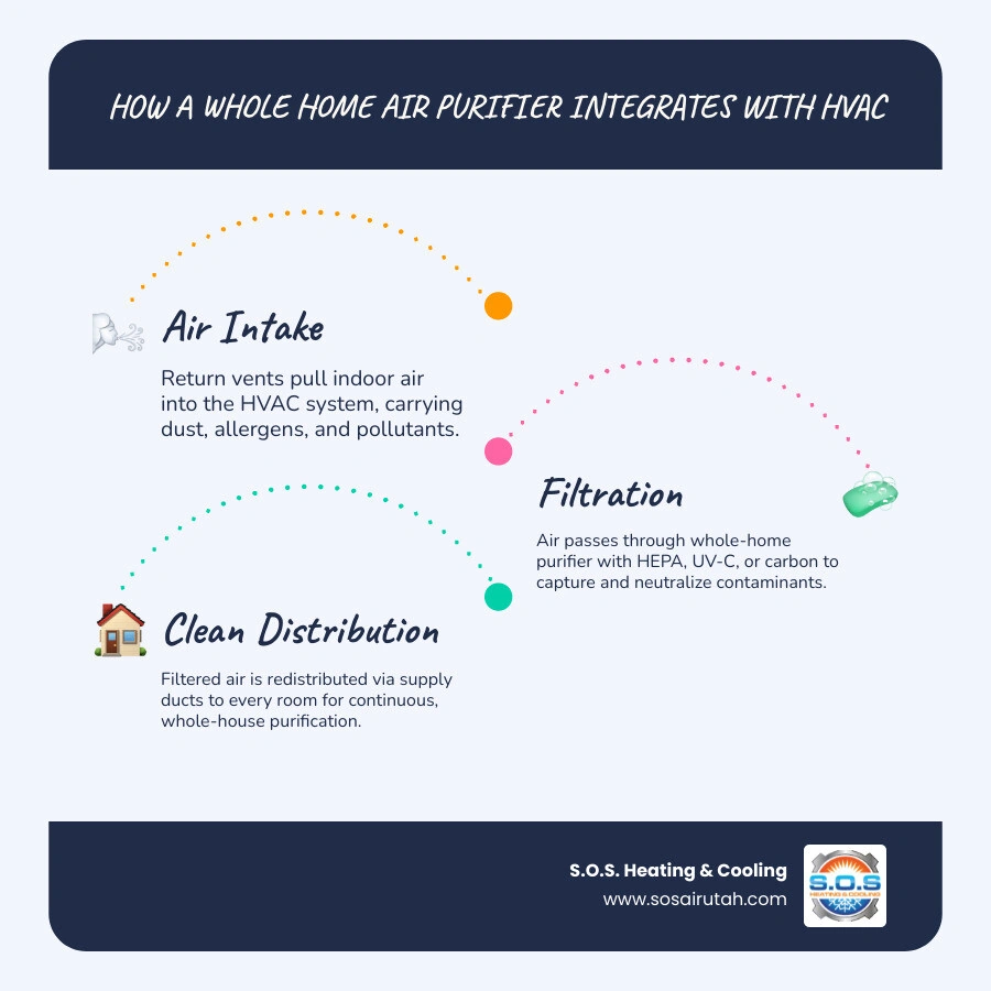 Infographic showing how whole home air purifiers integrate with HVAC vs outdoor air pollution levels infographic Infographic showing how whole home air purifiers integrate with HVAC vs outdoor air pollution levels infographic