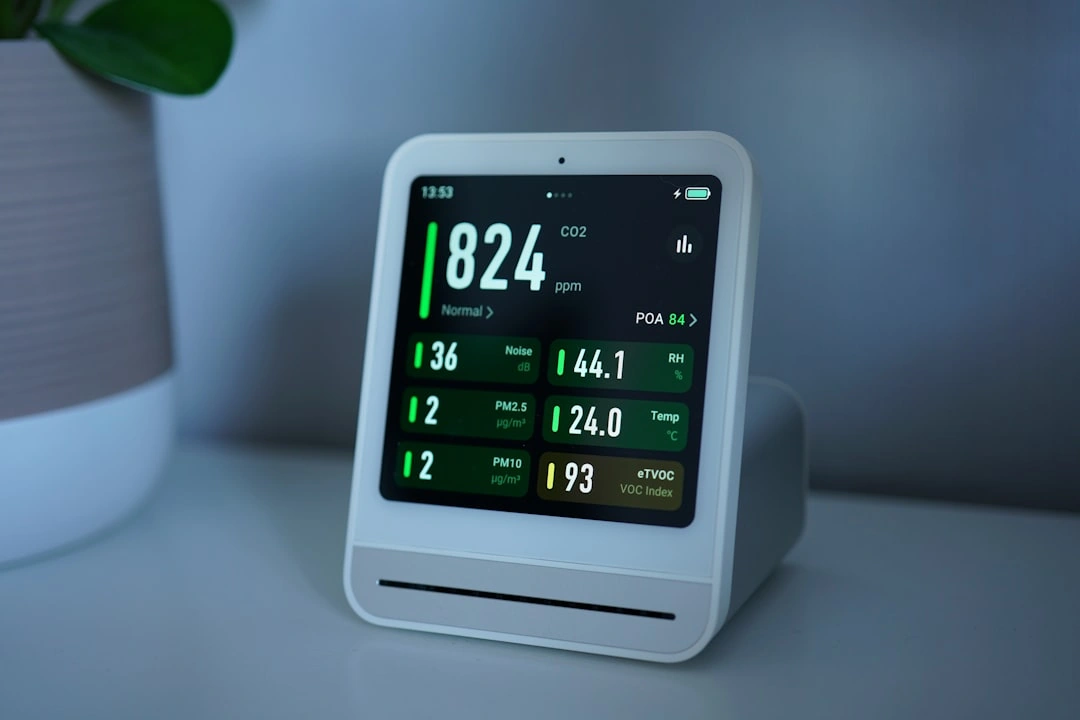 Indoor air quality monitor showing high PM2.5 levels during wildfire smoke event