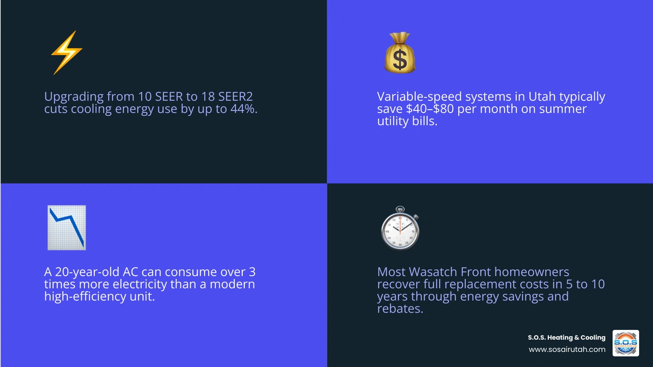 Infographic showing energy savings comparison when upgrading from 10 SEER to 18 SEER2 AC system on the Wasatch Front