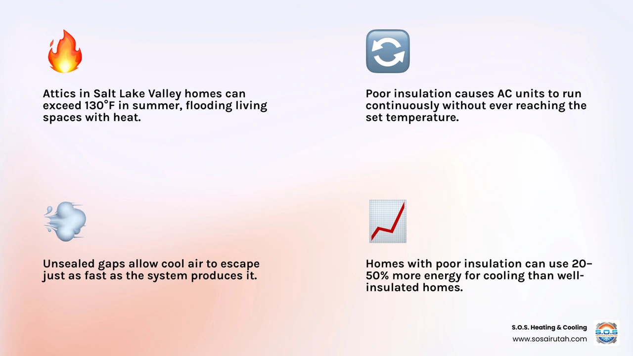 Infographic showing how poor insulation causes AC runtime spikes in Salt Lake Valley homes infographic