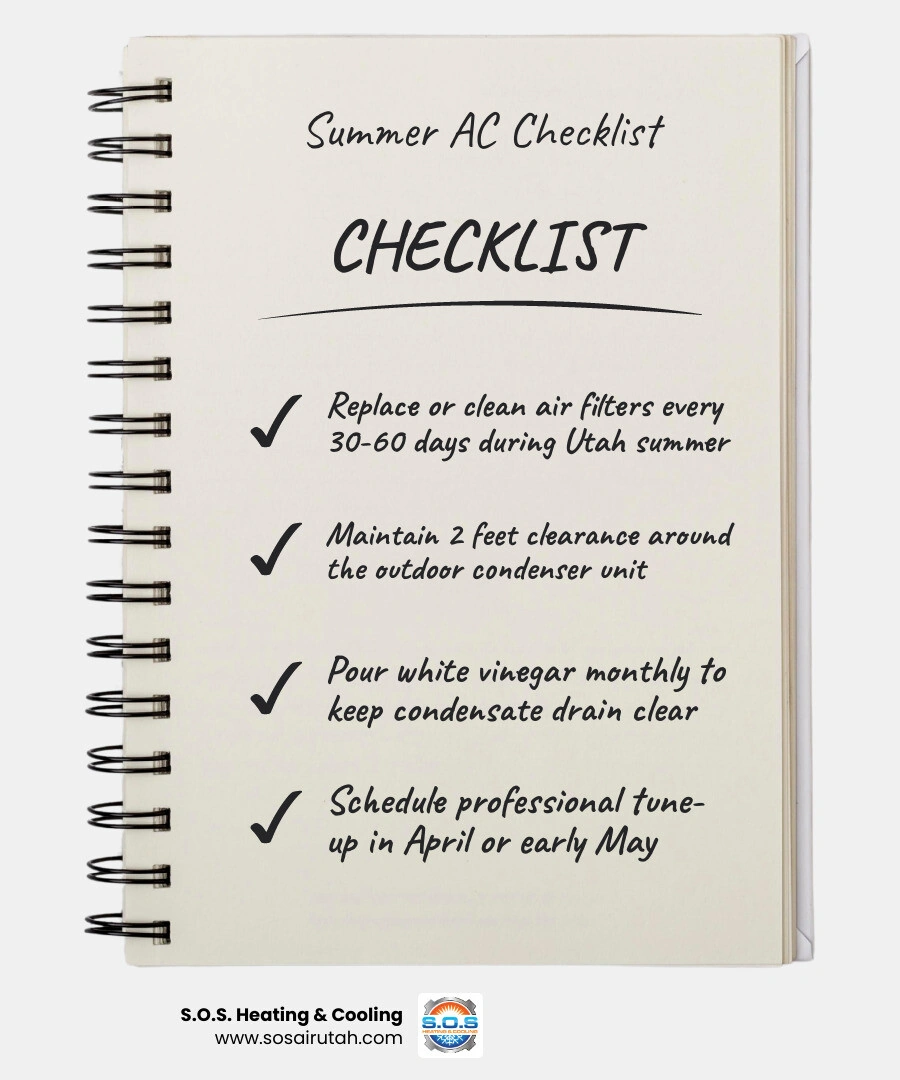 Infographic showing summer AC maintenance checklist steps for Salt Lake Valley homeowners with seasonal tips infographic