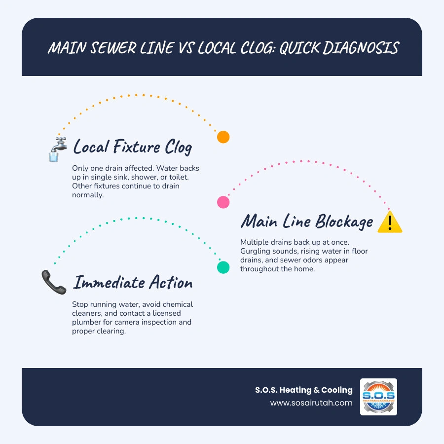 infographic showing the difference between a local fixture clog and a main sewer line blockage with symptoms for each