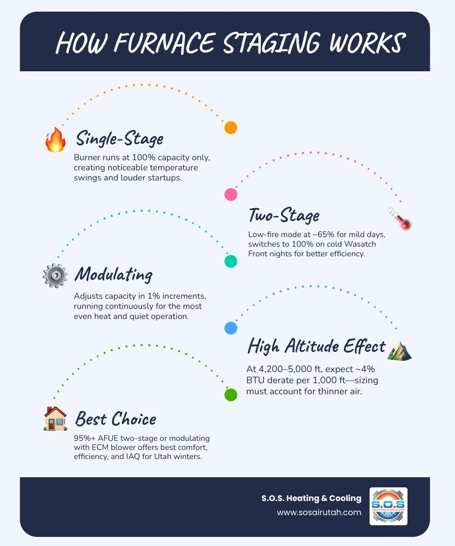 Infographic comparing single-stage, two-stage, and modulating furnace types for Wasatch Front homeowners infographic Infographic comparing single-stage, two-stage, and modulating furnace types for Wasatch Front homeowners infographic