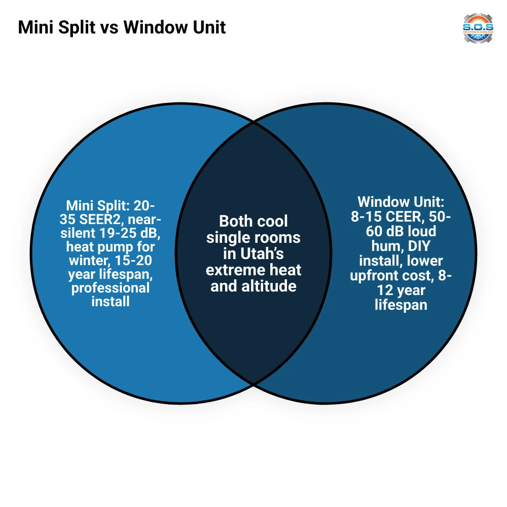 mini split vs window unit comparison infographic for Utah homeowners with efficiency, cost, and climate data infographic
