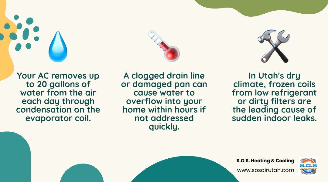 Infographic showing how AC produces condensation and top causes of indoor water leaks with quick fixes infographic Infographic showing how AC produces condensation and top causes of indoor water leaks with quick fixes infographic