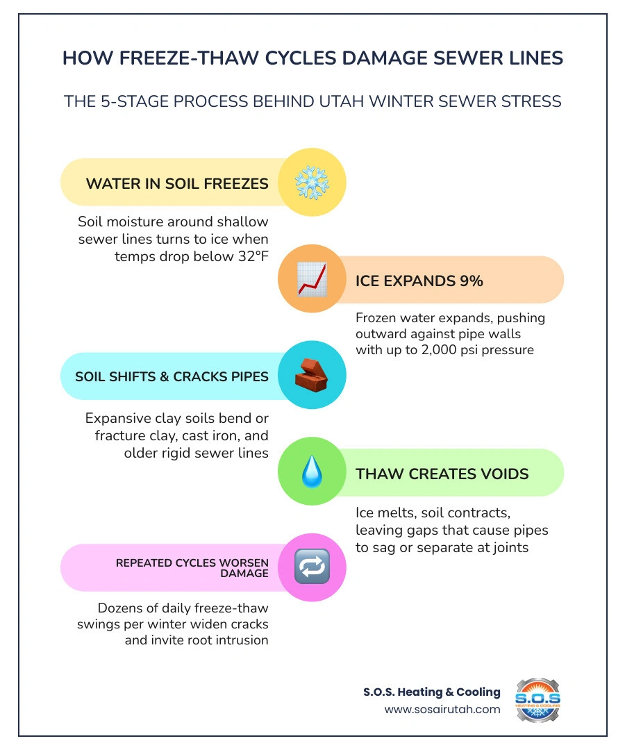 Infographic showing the freeze-thaw cycle process in Utah soil and how it stresses underground sewer pipes infographic Infographic showing the freeze-thaw cycle process in Utah soil and how it stresses underground sewer pipes infographic