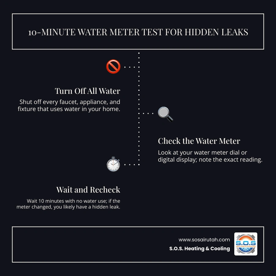 Infographic showing the 10-minute water meter test steps to detect hidden pipe leaks at home infographic Infographic showing the 10-minute water meter test steps to detect hidden pipe leaks at home infographic