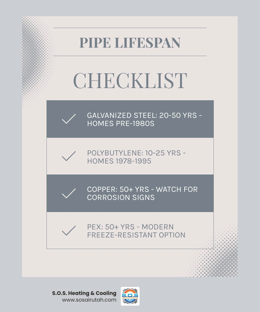 infographic showing pipe replacement age timelines by material type for Wasatch Front homes infographic infographic showing pipe replacement age timelines by material type for Wasatch Front homes infographic