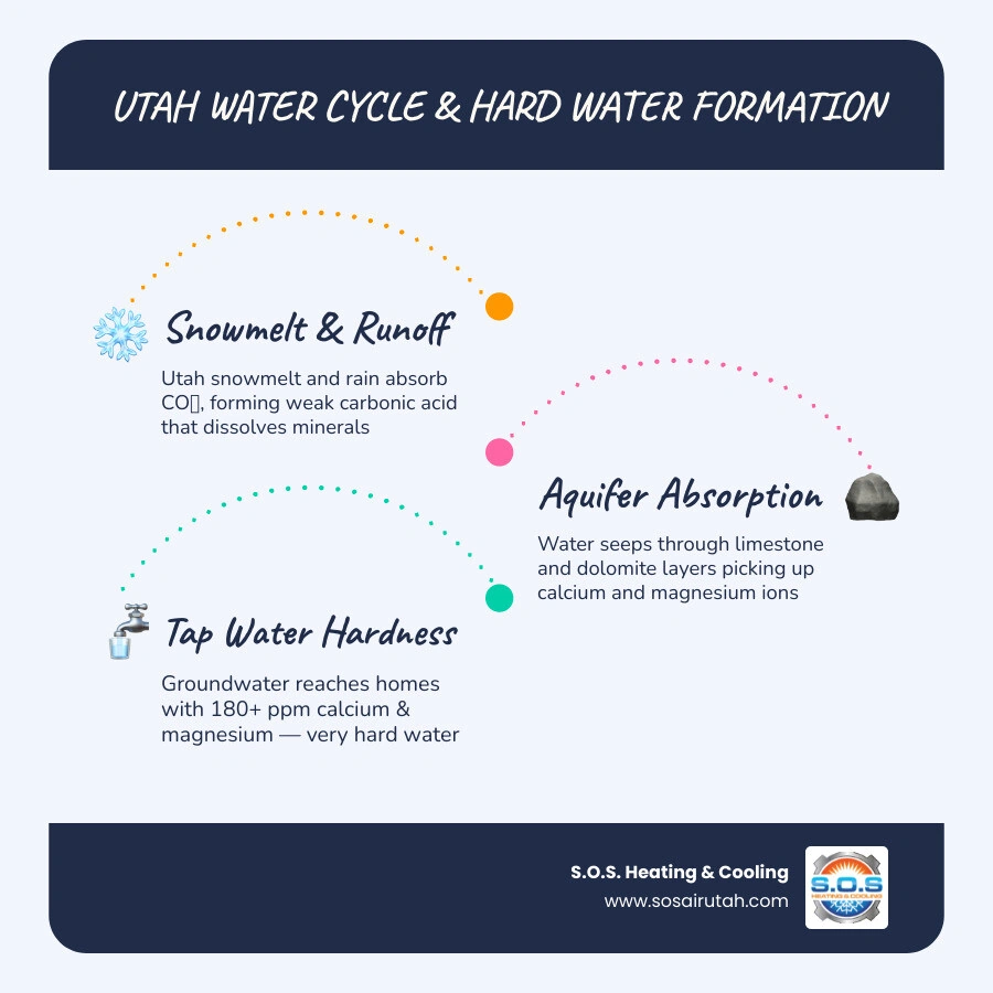 Infographic showing Utah water cycle mineral absorption and hard water damage to pipes fixtures and water heaters infographic Infographic showing Utah water cycle mineral absorption and hard water damage to pipes fixtures and water heaters infographic