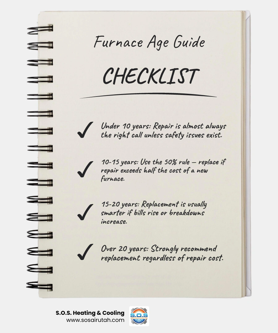 Infographic showing furnace age thresholds and key warning signs for repair vs replacement in Utah infographic Infographic showing furnace age thresholds and key warning signs for repair vs replacement in Utah infographic