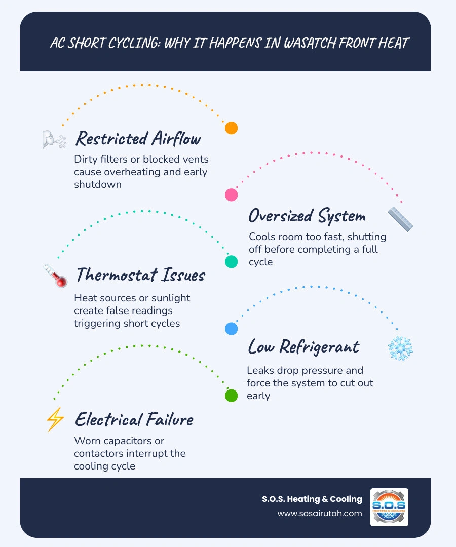 Infographic showing the normal AC cooling cycle versus short cycling pattern with causes listed infographic Infographic showing the normal AC cooling cycle versus short cycling pattern with causes listed infographic